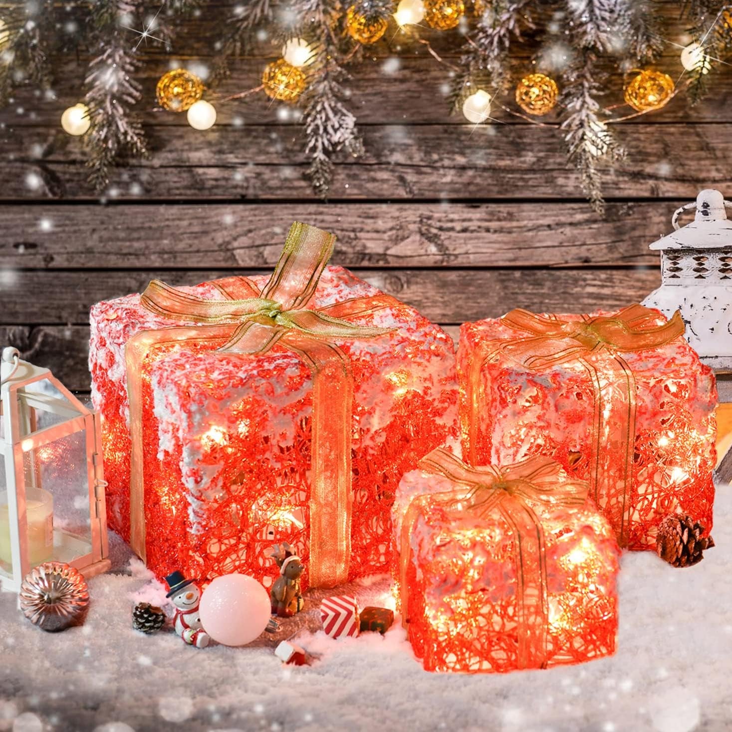 Set of 3 LED Gift Boxes Christmas Boxes with Bows, Xmas Present Gift Boxes for Indoor Outdoor Use Christmas Yard Room Tree Decoration