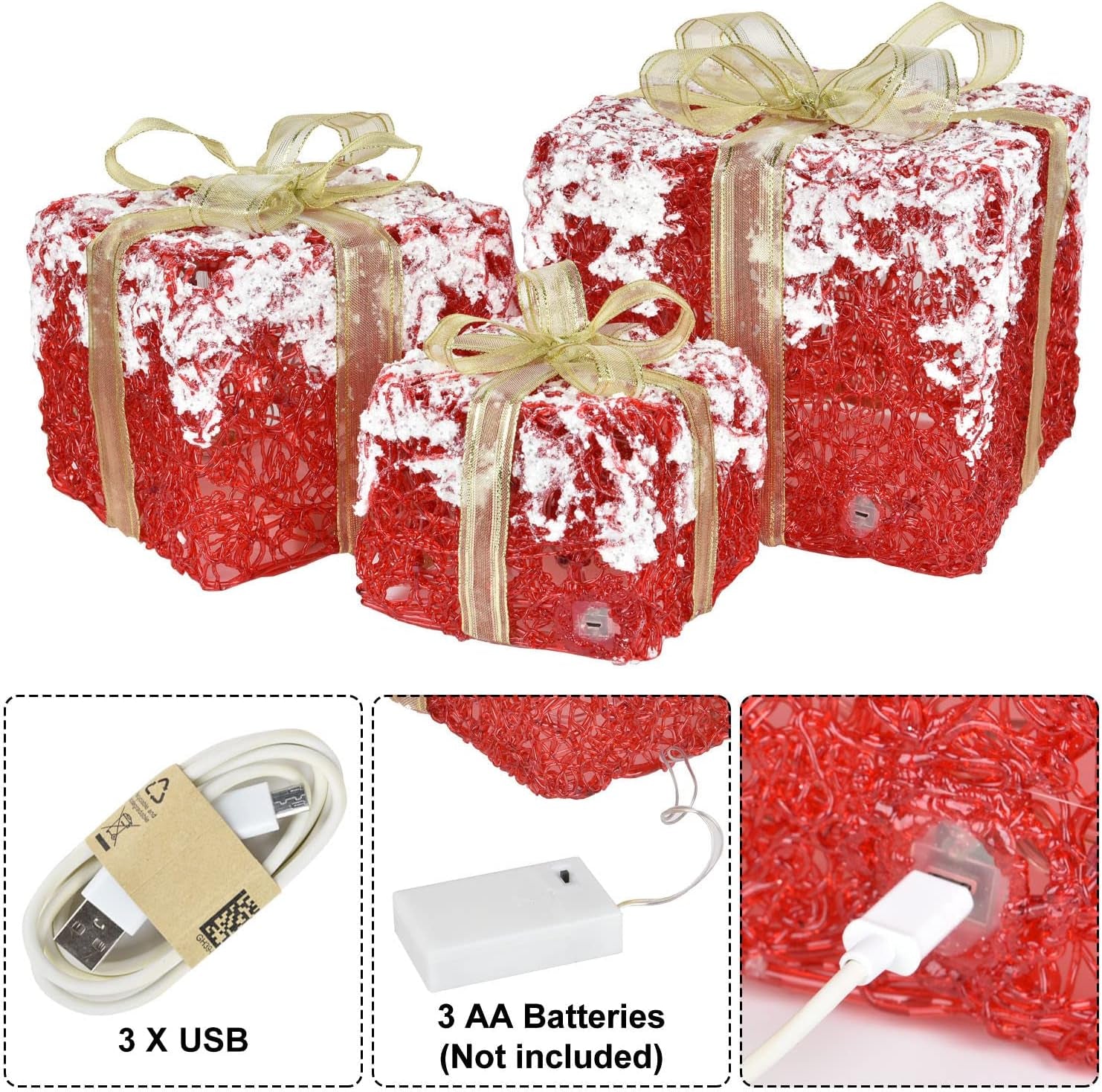 Set of 3 LED Gift Boxes Christmas Boxes with Bows, Xmas Present Gift Boxes for Indoor Outdoor Use Christmas Yard Room Tree Decoration