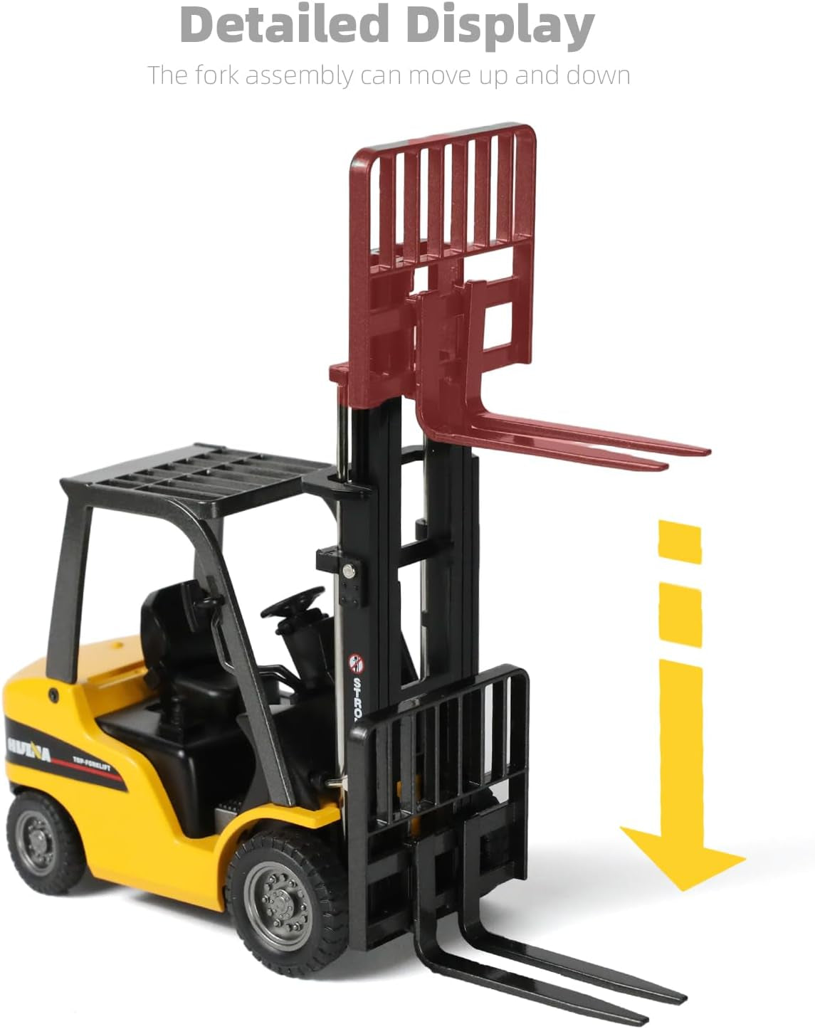Liftable Forklift Toy- All Metal Die-Cast Construction Fork Truck with Articulating Arm, Movable Forks - Yellow Scale Mini Vehicle Model for Kids Adult Collection & Desk Decoration.