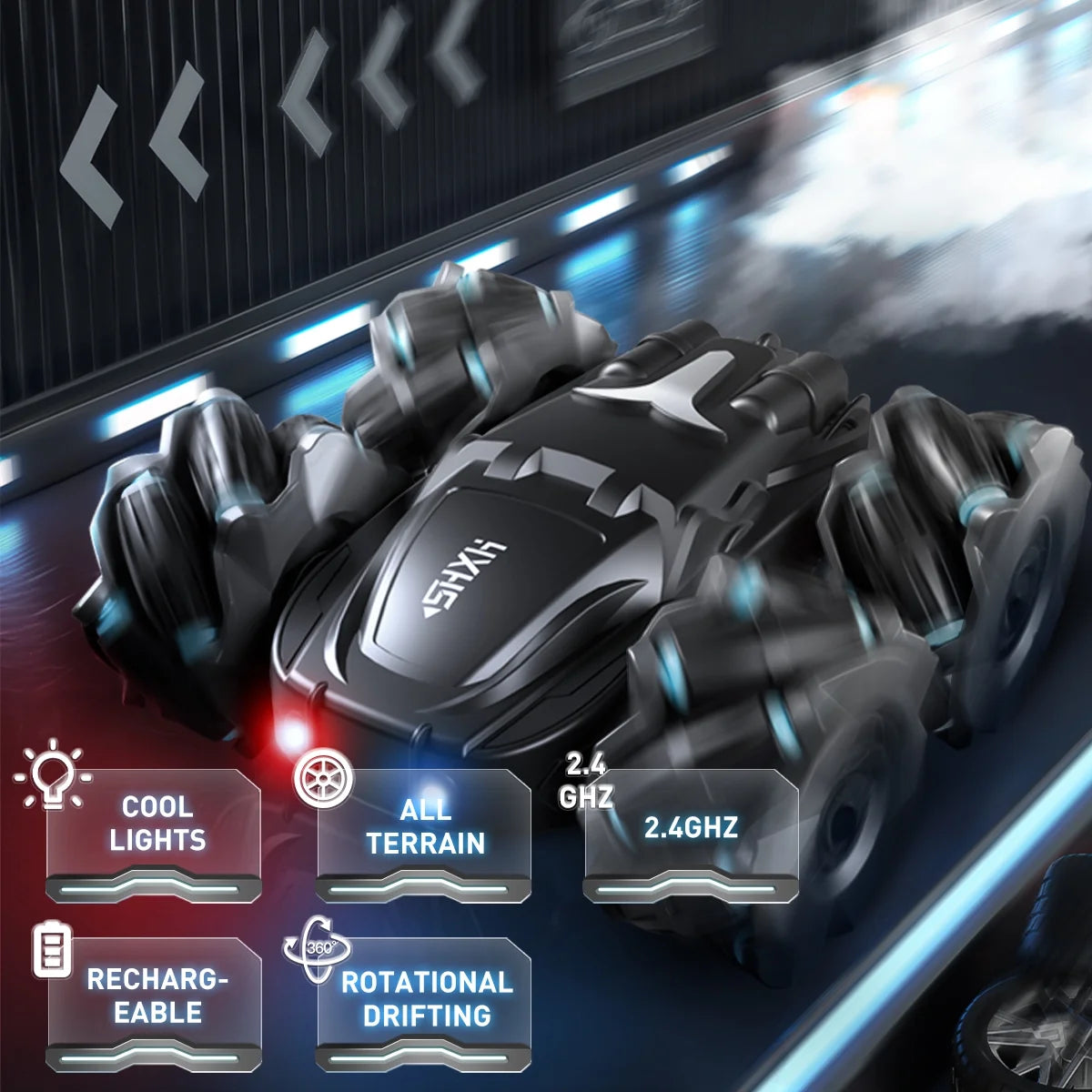 RC Cars- Black 360° Rotating Remote Control Car with Headlight- 4WD 2.4Ghz RC Trucks for Boys Gift.