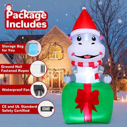 Christmas Inflatables 6.8 FT Christmas Hippo Inflatables with Built-In Leds, Smiling Hippo Blow up Sitting on Gift Box, Outdoor Christmas Decorations for Xmas Holiday Party Indoor Outdoor