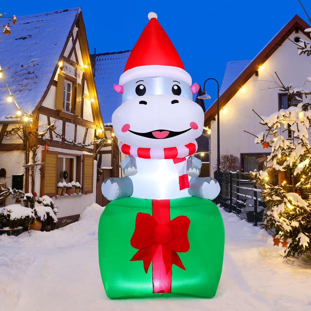 Christmas Inflatables 6.8 FT Christmas Hippo Inflatables with Built-In Leds, Smiling Hippo Blow up Sitting on Gift Box, Outdoor Christmas Decorations for Xmas Holiday Party Indoor Outdoor