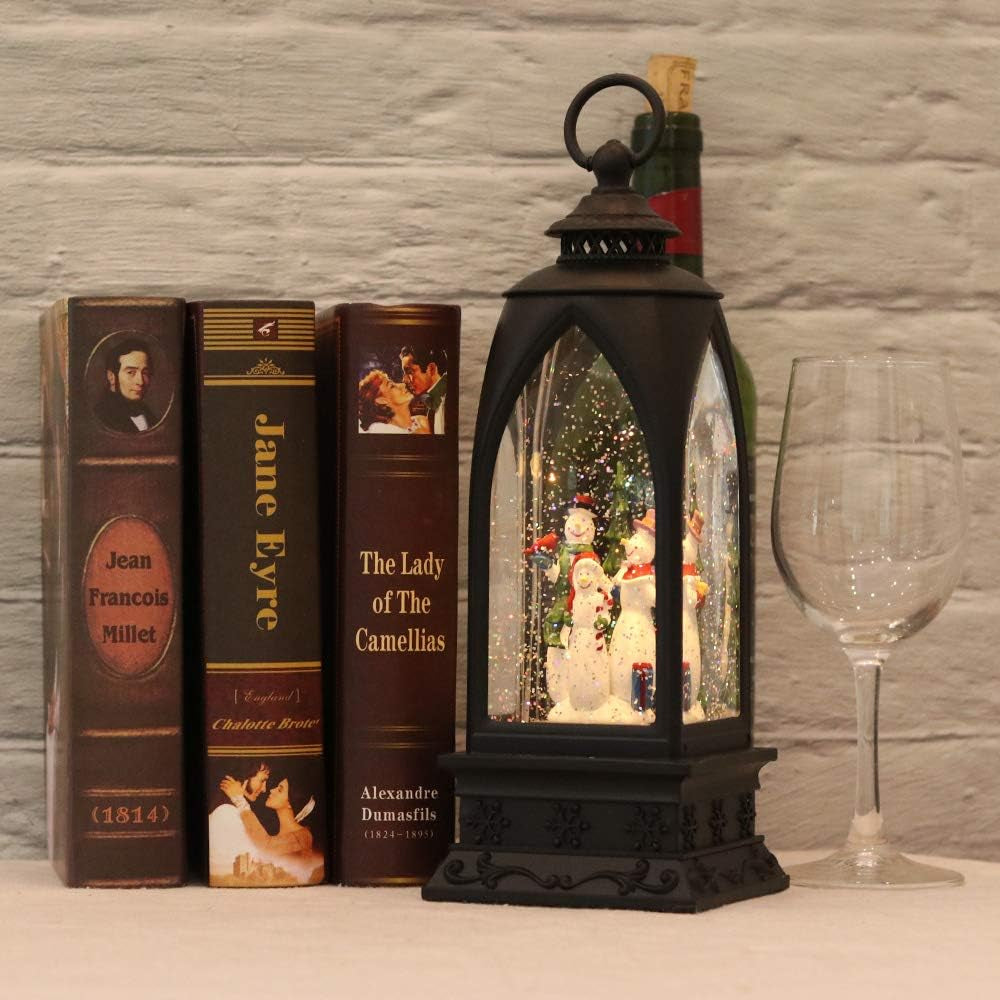 12” Christmas Snow Globe Lantern Snowman with Music & Timer, USB Lined/Battery Operated Lighted Water Glittering Lantern for Christmas Festival Decoration Gifts – Snowman