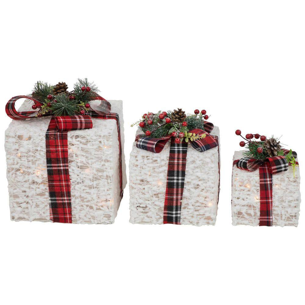 Lighted Textured and Plaid Gift Boxes Outdoor Decorations-Warm White-Set of 3