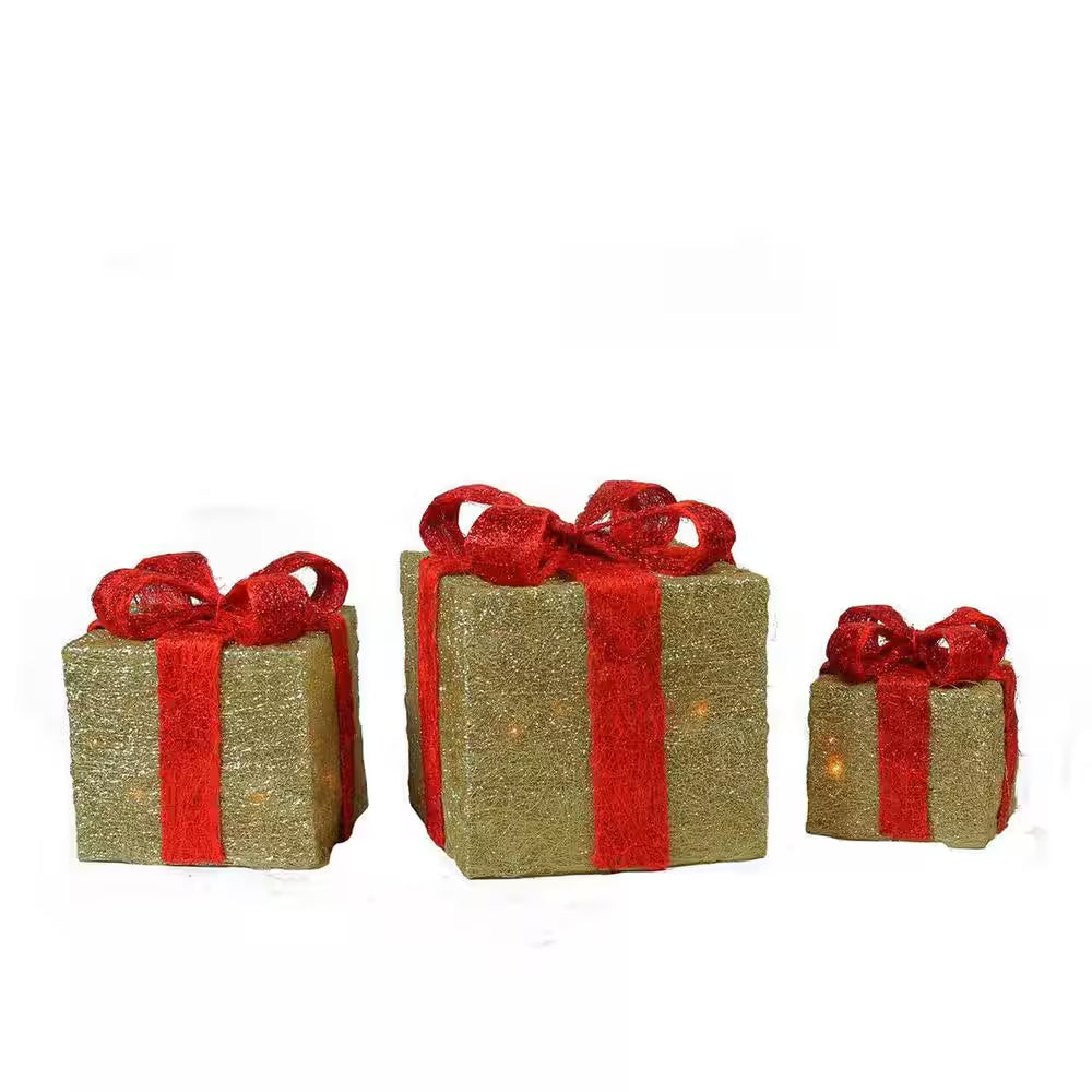 10 Inch Lighted Sisal Gift Boxes 3 Pack - Sparkling Gold Christmas Outdoor Decor