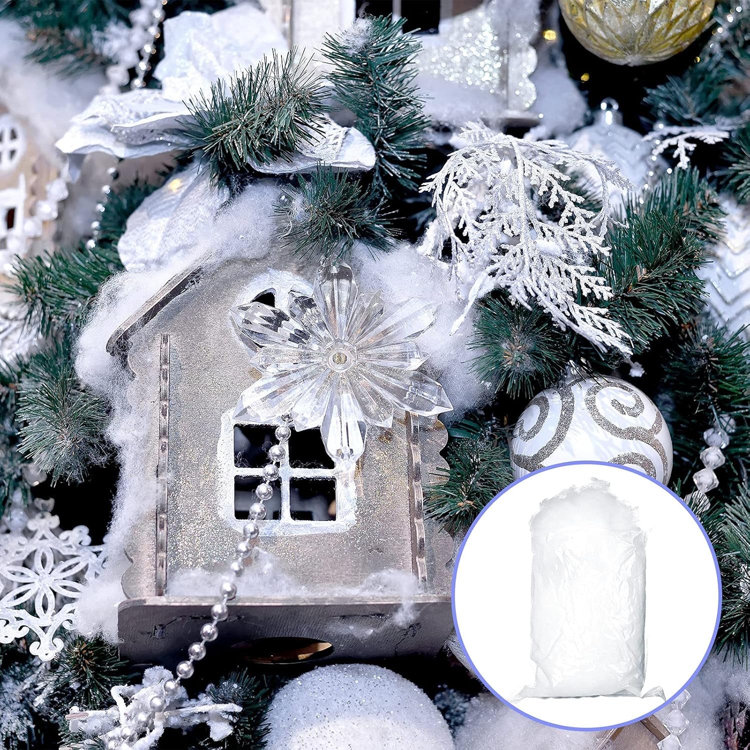 7 Oz Fake Snow 200 G per Bag Artificial Fake Cotton Christmas White Cloud Faux Fluffy Snow Indoor Soft for Winter Christmas Tree Mantle Village Nativity Scene