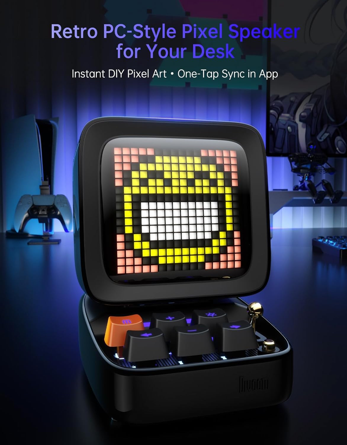 Ditoo Retro Pixel Art Game Bluetooth Speaker with 16X16 LED App Controlled Front Screen (Black)