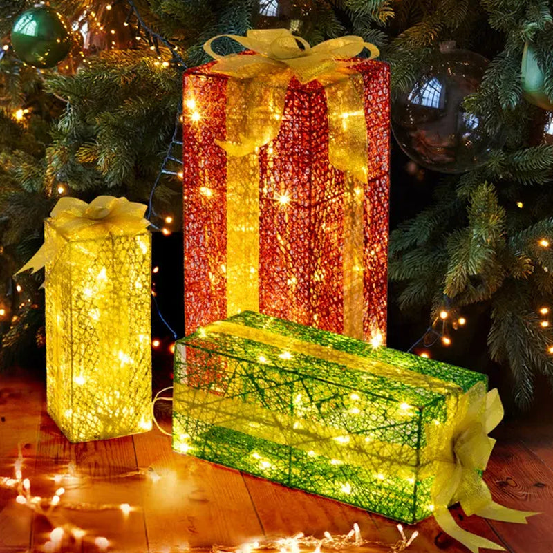 VINGLI Lighted Gift Boxes Set of 3, Pre-Lit Nestable Present Boxes Ornament with 90 LED Warm White Lights and Stakes for Christmas Outdoor Indoor Decorations Lighted Holiday Displays