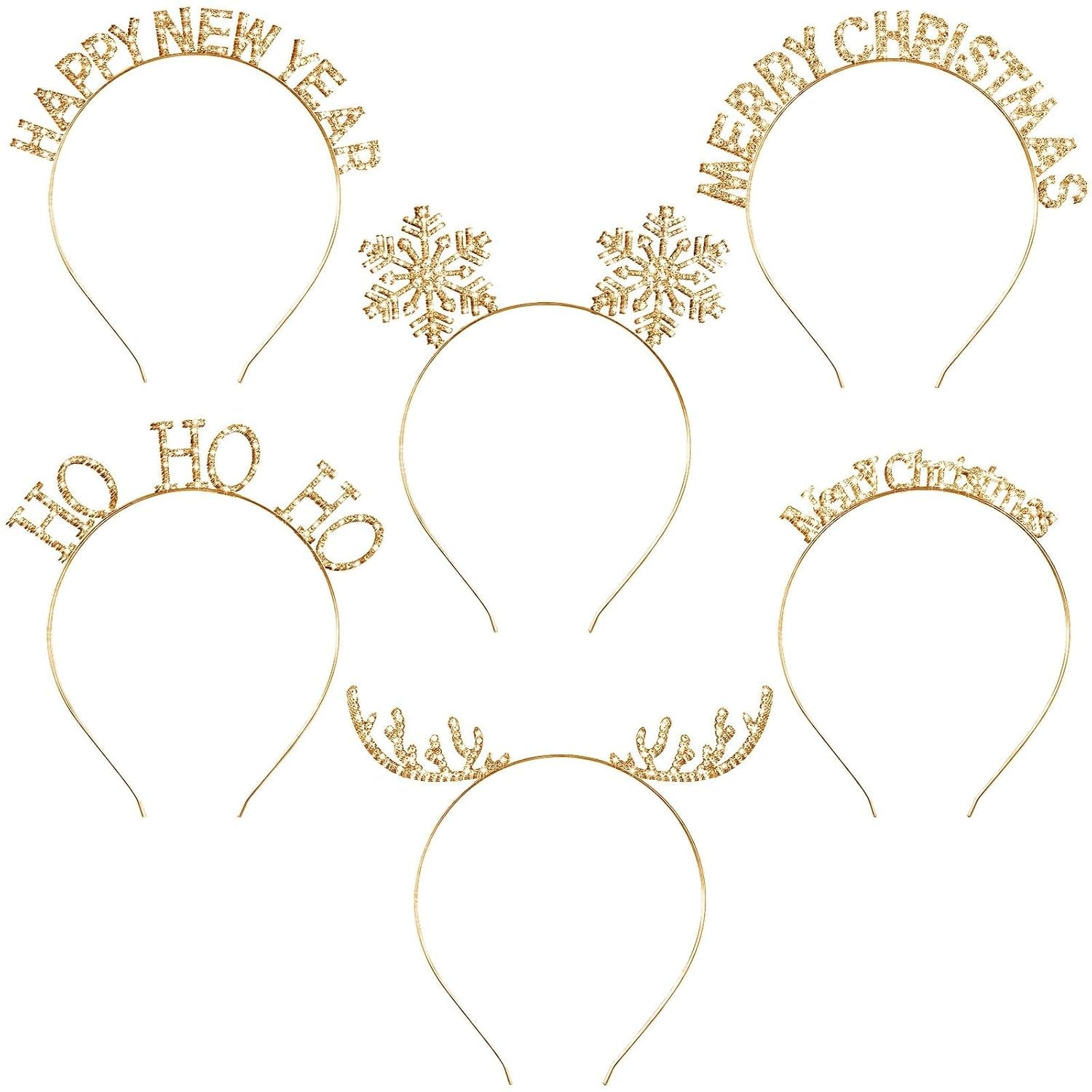6 Pcs Christmas Headbands Set Rhinestone Xmas Headbands Snowflake Cute Reindeer Antler Hairbands Happy New Year Headband Tiara Crystal Merry Christmas Headpiece Accessories for Women (Gold)