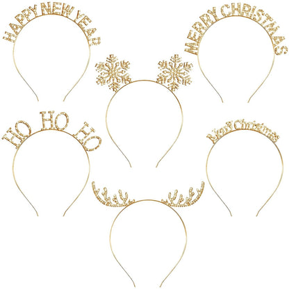 6 Pcs Christmas Headbands Set Rhinestone Xmas Headbands Snowflake Cute Reindeer Antler Hairbands Happy New Year Headband Tiara Crystal Merry Christmas Headpiece Accessories for Women (Gold)