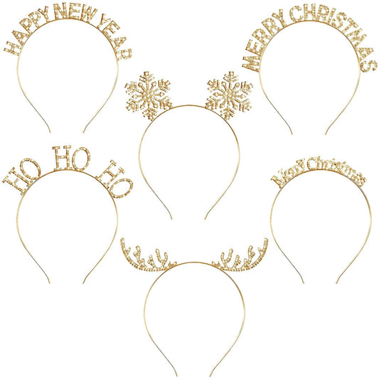 6 Pcs Christmas Headbands Set Rhinestone Xmas Headbands Snowflake Cute Reindeer Antler Hairbands Happy New Year Headband Tiara Crystal Merry Christmas Headpiece Accessories for Women (Gold)