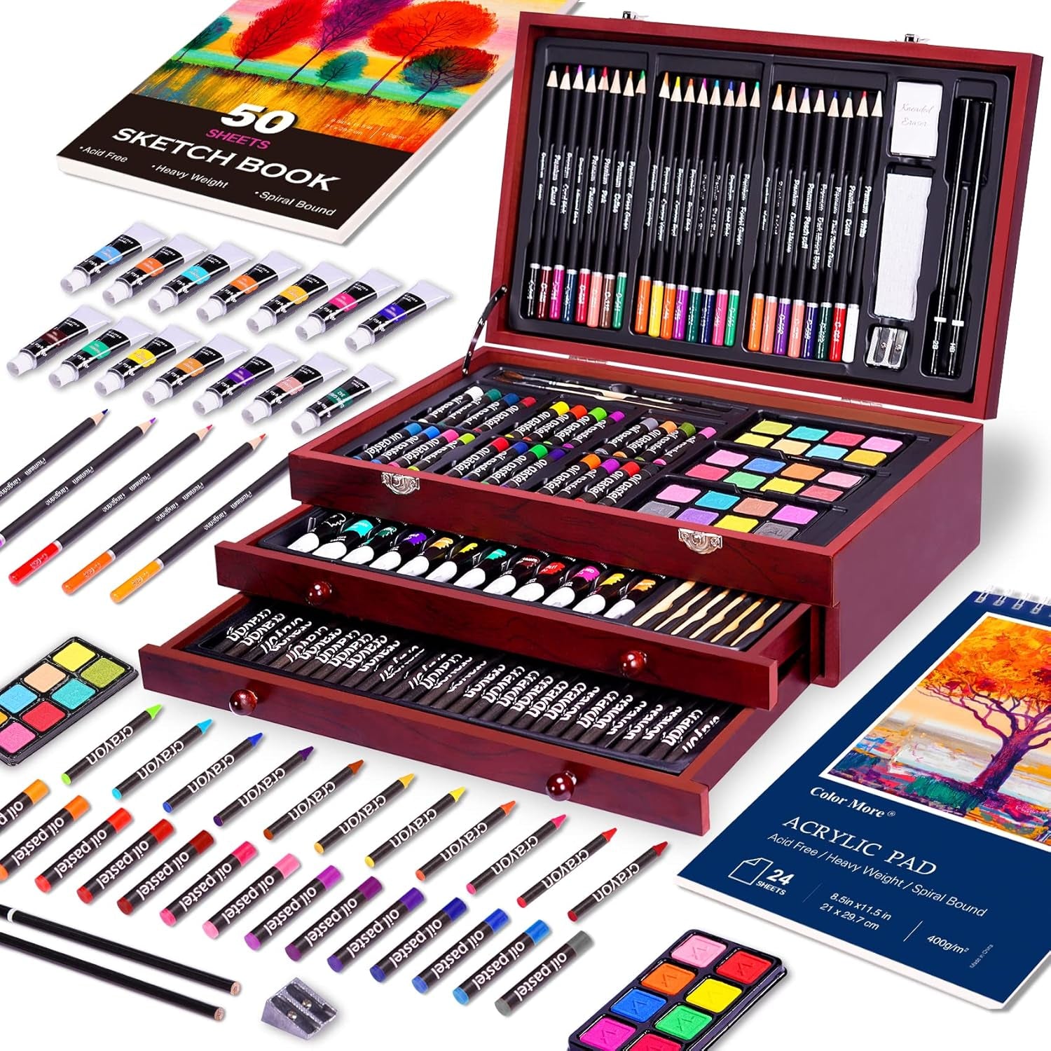175 Piece Deluxe Art Set with 2 Drawing Pads, Acrylic Paints, Crayons, Colored Pencils, Paint Set in Wooden Case, Professional Art Kit Supplies for Adults, Teens and Artist, Woodmuse Plus