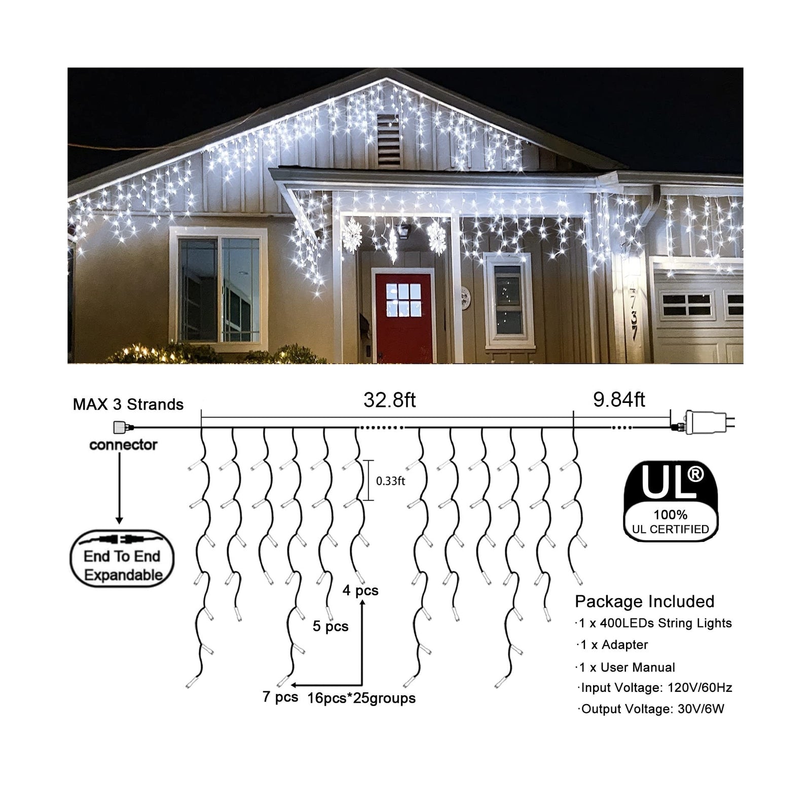 Christmas Lights Outdoor Icicle Lights 400LED 32.8FT 8 Modes, Connectable Cur...