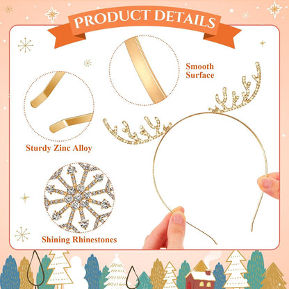 6 Pcs Christmas Headbands Set Rhinestone Xmas Headbands Snowflake Cute Reindeer Antler Hairbands Happy New Year Headband Tiara Crystal Merry Christmas Headpiece Accessories for Women (Gold)