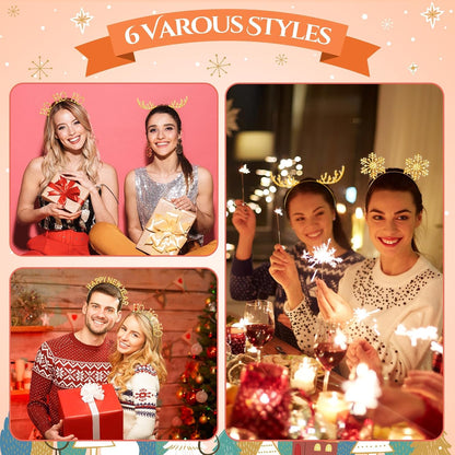 6 Pcs Christmas Headbands Set Rhinestone Xmas Headbands Snowflake Cute Reindeer Antler Hairbands Happy New Year Headband Tiara Crystal Merry Christmas Headpiece Accessories for Women (Gold)