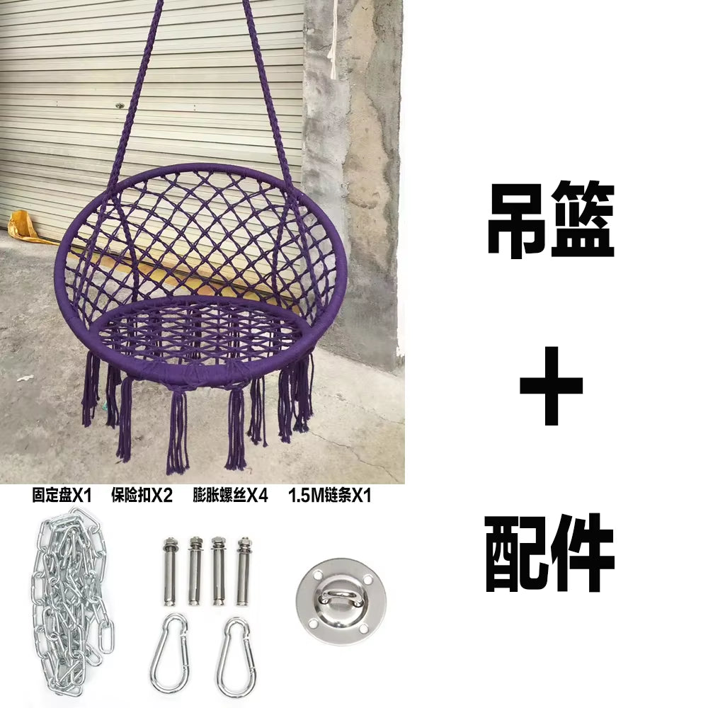 ‌Nordic Style Hanging Basket- Handmade Cotton Rope Swing Chair, Balcony Relaxation Cradle- Boho Indoor Fringe Hanging Chair