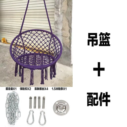 ‌Nordic Style Hanging Basket- Handmade Cotton Rope Swing Chair, Balcony Relaxation Cradle- Boho Indoor Fringe Hanging Chair