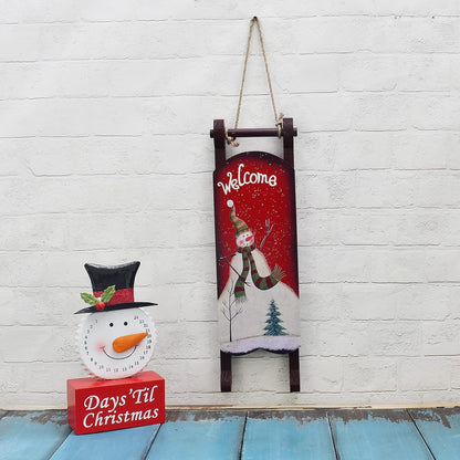 Christmas Sled Decoration Wooden Snowman Welcome Sign Xmas Sleigh Wall Decor Outdoor Hanging Santa Sleigh Rustic Christmas Porch Decor Snowman Wooden Decor Winter Festive Holiday (B)