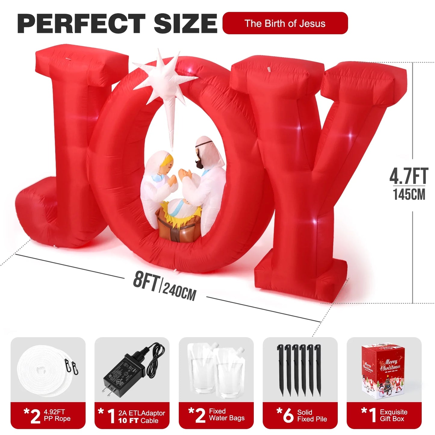 8FT Inflatables Christmas Outdoor Decoration, Joy Christmas Nativity Decoration with LED, Christmas Blow up Yard Decorations- Red/White