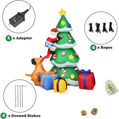 7 Ft Inflatable Christmas Tree with Santa Claus Dog & Gift Boxes, Self Inflating Electric Blow up Lighted Interior with Fan and Anchor Ropes, Indoor Outdoor Garden Yard Family Prop Decoration