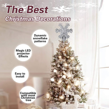 Christmas Tree Topper,  Star Tree Topper Lighted Indoor with Rotating 3D Silver Snowflake LED Projector Hollow Glitter Lighted for Xmas Tree Christmas Decorations Holiday