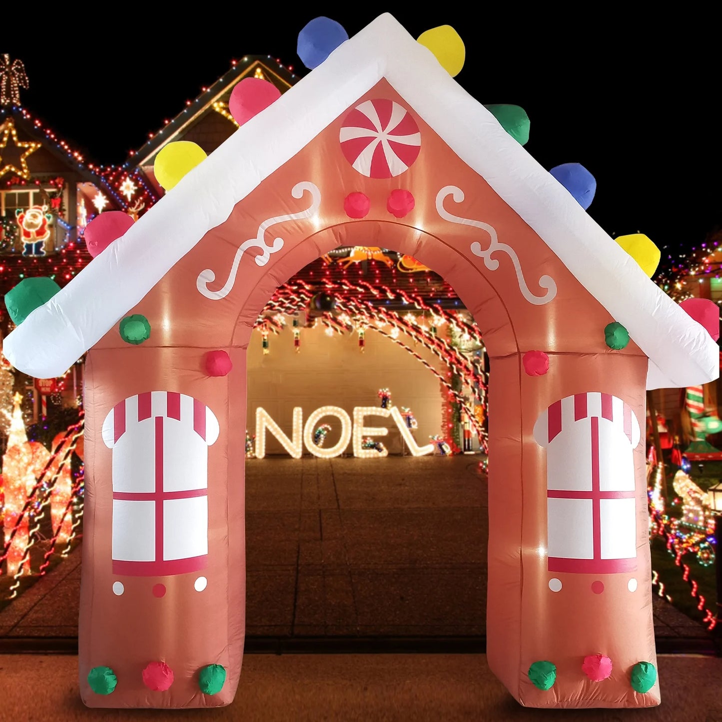 10FT Christmas Inflatables Gingerbread House Archway Outdoor Decorations, Giant Christmas Arch Blow up Yard Decorations with LED Lights Built-In