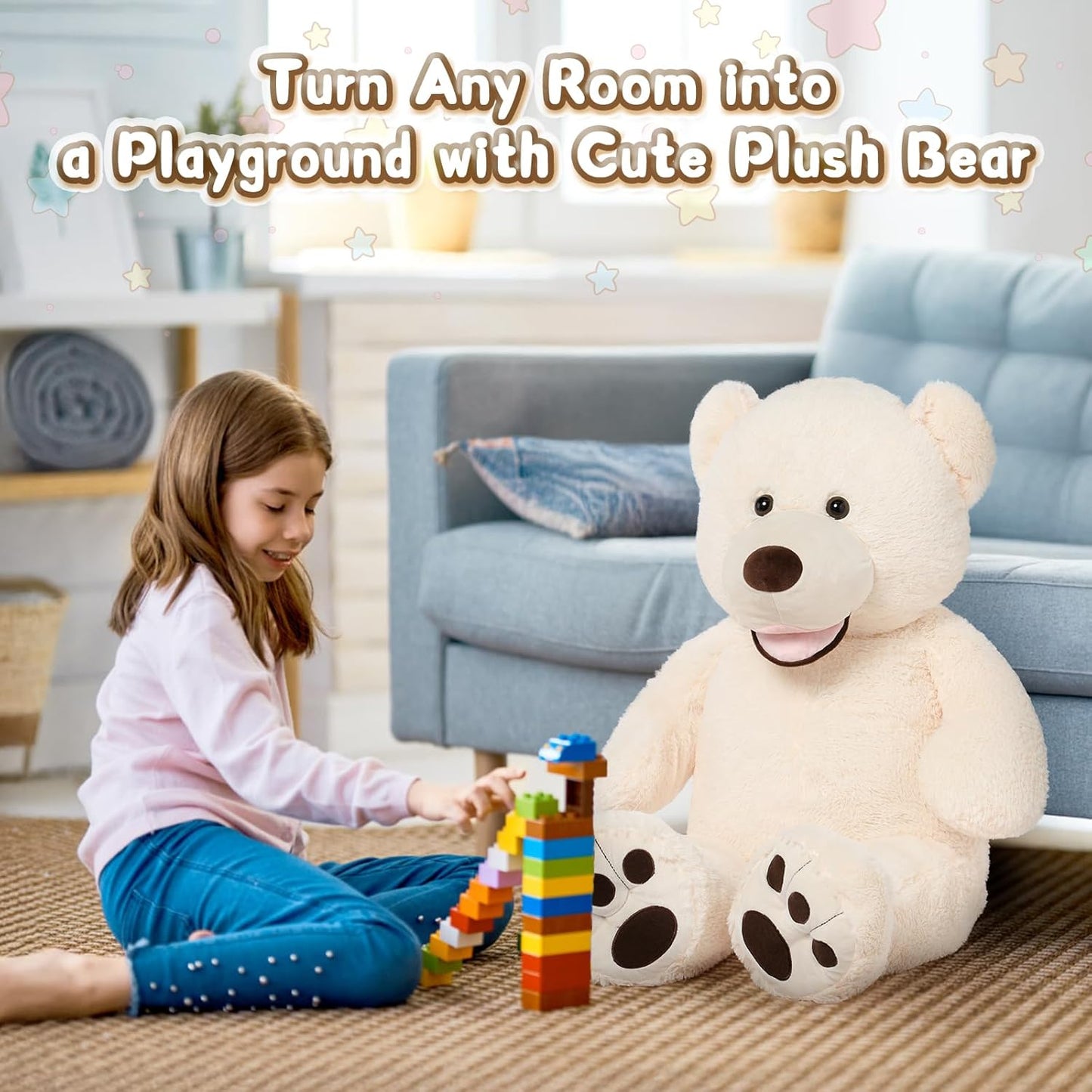 Giant Teddy Bear, 39Inch Large Stuffed Animals with Big Footprints Plush Stuffed Bears Gifts for Kids, Beige