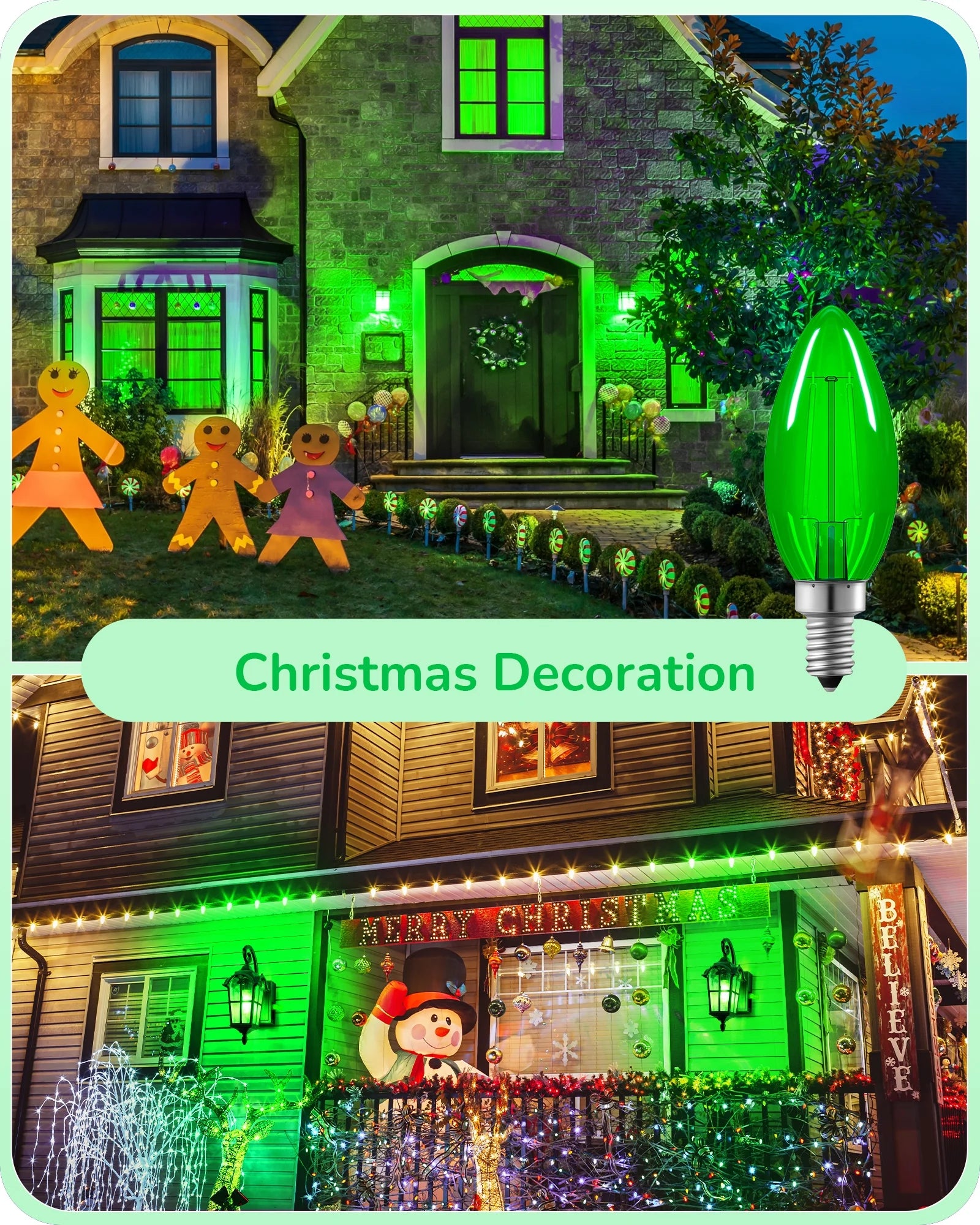 6 Pack Green Christams LED Light Bulb, 5W (60W Equivalent), E12 Base Light Bulb for Party, Holiday, Porch