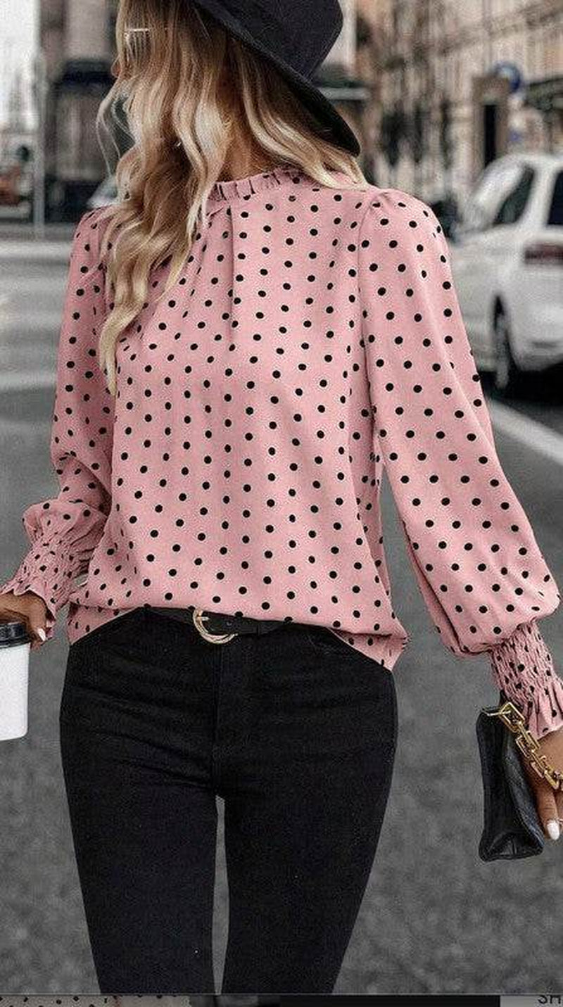 Polka Dot Print Lantern Sleeve Blouse