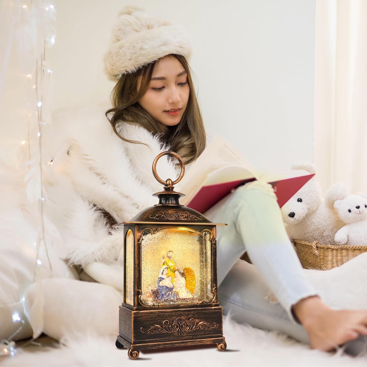 10.8'' Christmas Snow Globe Lantern Snowman with Holiday Tree Musical Jesus