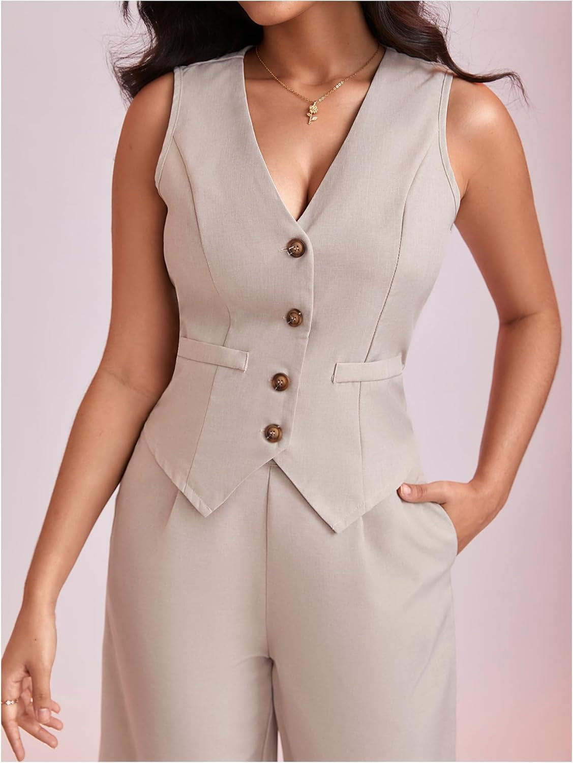 Women'S 2 Piece Outfit Sleeveless Button down Vest Blazer and Wide Leg Pants Suit Matching Set