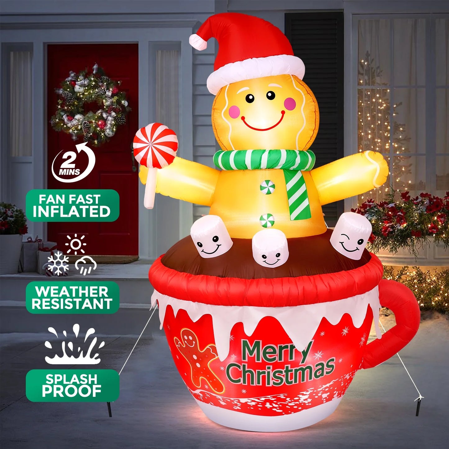 7FT Inflatables Christmas Outdoor Decoration Cup Gingerbread Man with LED, Outdoor Christmas Decoration