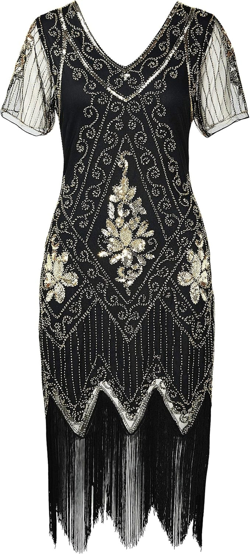 1920S Art Deco Fringed Sequin Dress Roaring 20S Flapper Fancy Dress