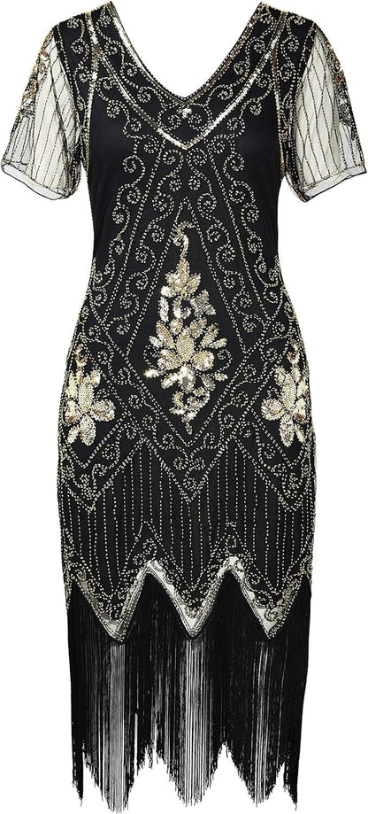 1920S Art Deco Fringed Sequin Dress Roaring 20S Flapper Fancy Dress