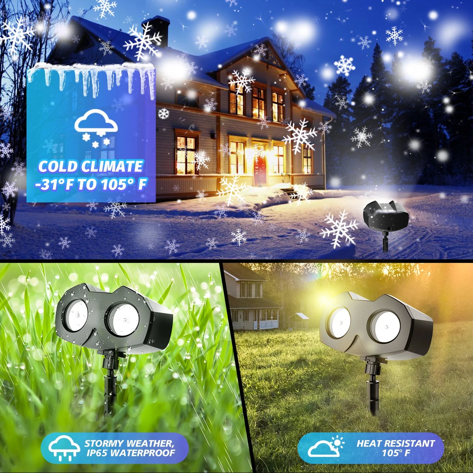 Snowflake Projector Lights,  Christmas Snow Night Projection Lamp, IP65 Waterproof Outdoor LED Snow Spotlight for Halloween Holiday Party Home Decor Garden Light Projector, with Remote Control
