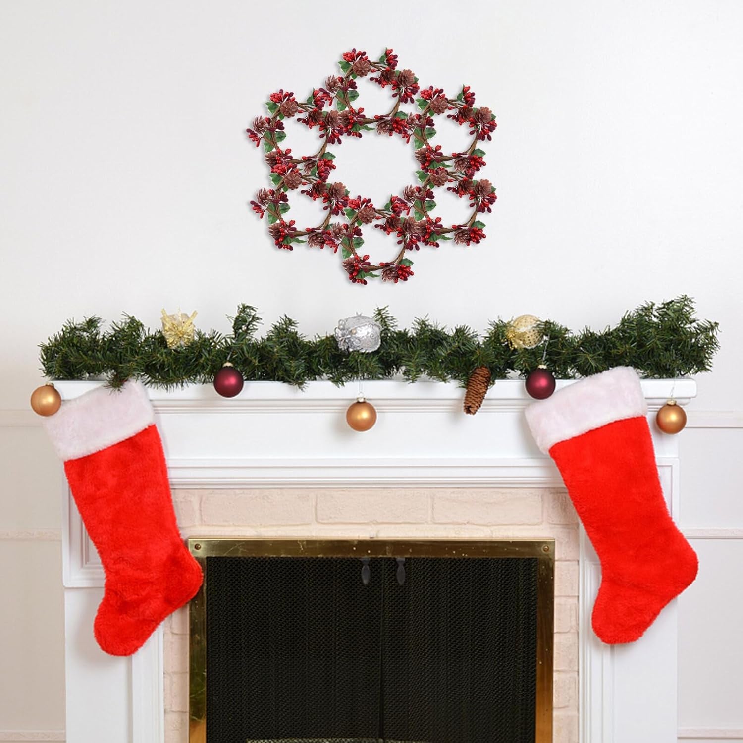 6Pcs Christams Candle Rings Red Berry Candle Rings Wreaths with Pine Cones for Pillars Christams Table Decorations Centerpieces (Red)