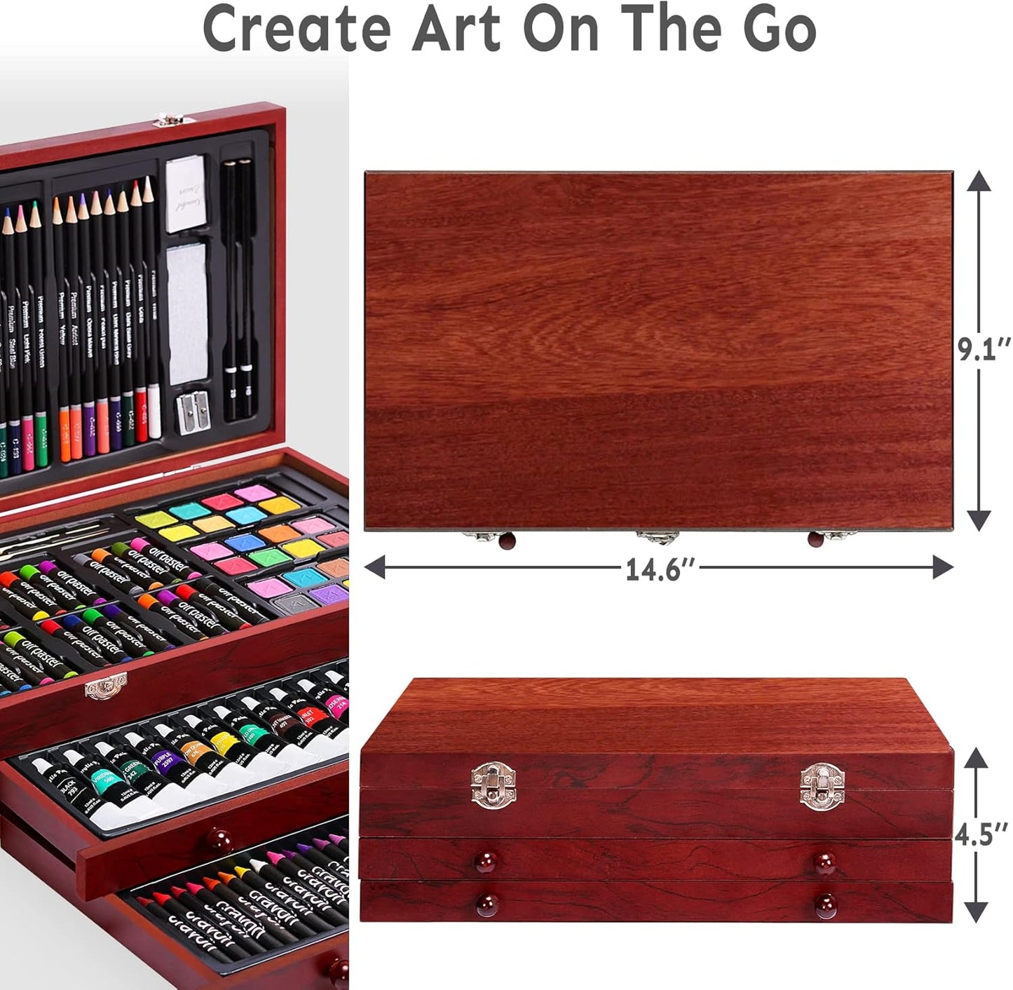 175 Piece Deluxe Art Set with 2 Drawing Pads, Acrylic Paints, Crayons, Colored Pencils, Paint Set in Wooden Case, Professional Art Kit Supplies for Adults, Teens and Artist, Woodmuse Plus