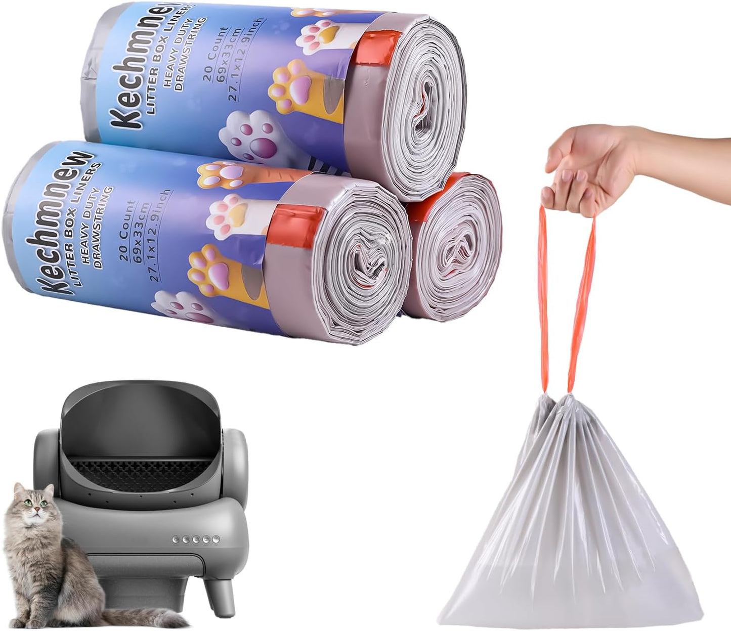 60 Count Cat Litter Replaced Waste Bags Liners for Neakas M1 Petpivot Autoscooper 11 Open- Top Self-Cleaning Cat Litter Box- Disposable Pet Wast Bags with Drawstring Heavy Duty Leak-Proof