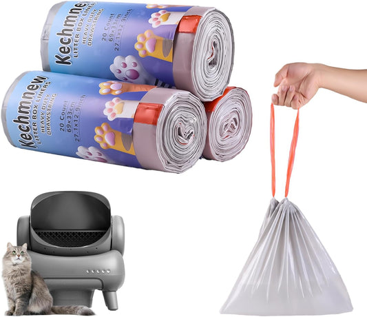 60 Count Cat Litter Replaced Waste Bags Liners for Neakas M1 Petpivot Autoscooper 11 Open- Top Self-Cleaning Cat Litter Box- Disposable Pet Wast Bags with Drawstring Heavy Duty Leak-Proof