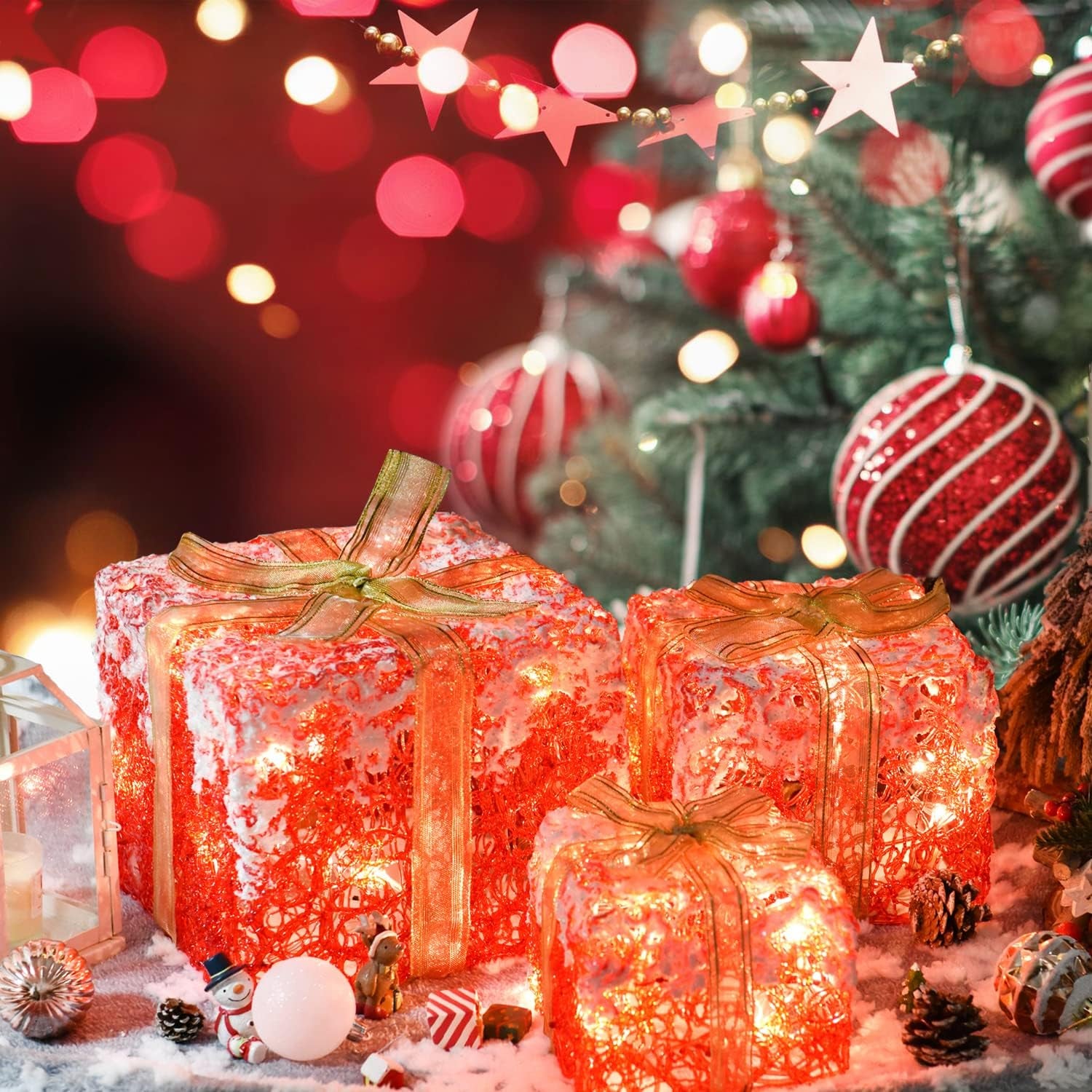 Set of 3 LED Gift Boxes Christmas Boxes with Bows, Xmas Present Gift Boxes for Indoor Outdoor Use Christmas Yard Room Tree Decoration