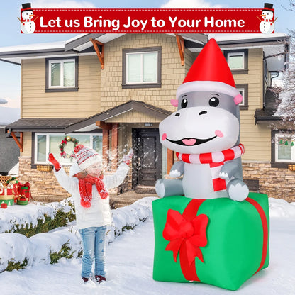 Christmas Inflatables 6.8 FT Christmas Hippo Inflatables with Built-In Leds, Smiling Hippo Blow up Sitting on Gift Box, Outdoor Christmas Decorations for Xmas Holiday Party Indoor Outdoor