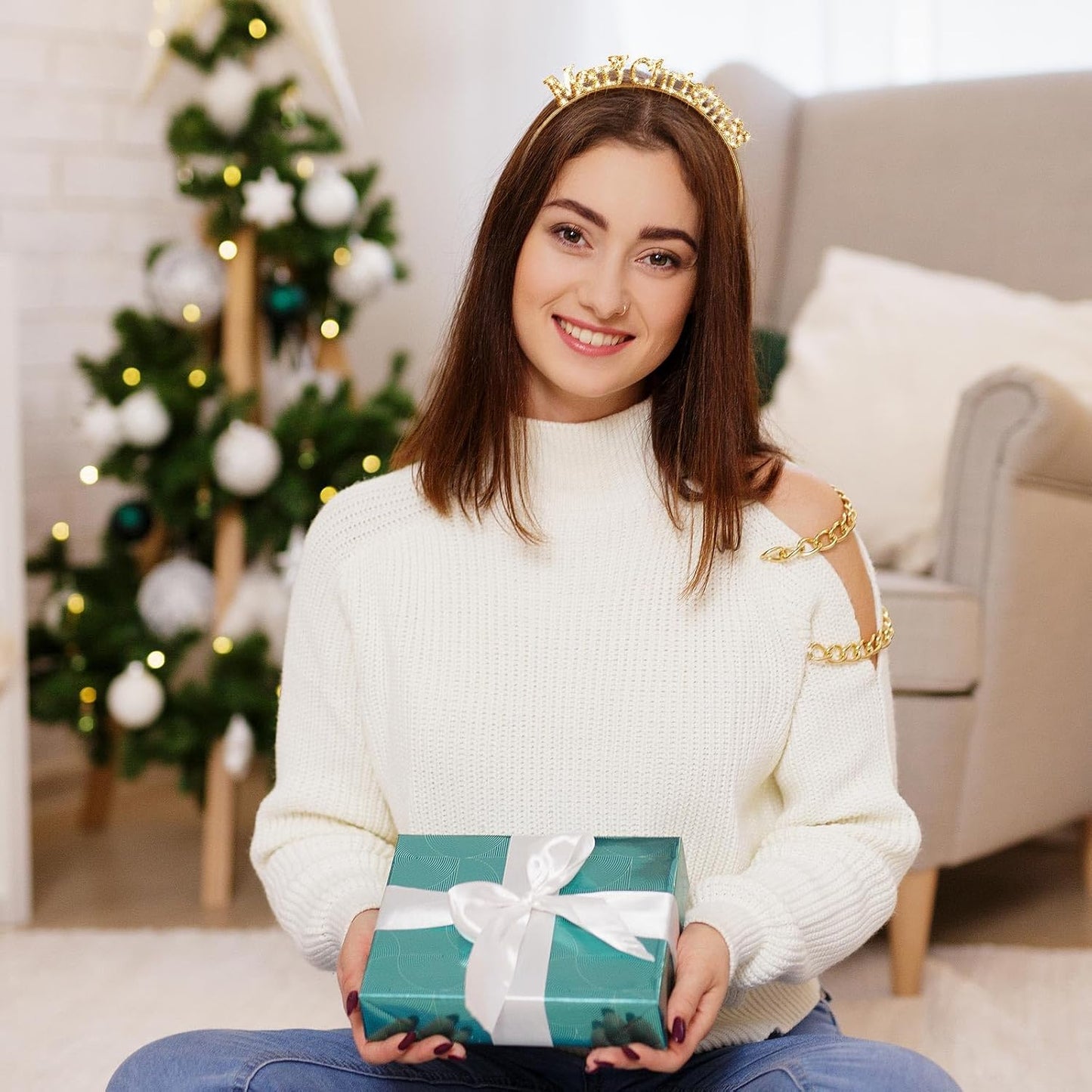 6 Pcs Christmas Headbands Set Rhinestone Xmas Headbands Snowflake Cute Reindeer Antler Hairbands Happy New Year Headband Tiara Crystal Merry Christmas Headpiece Accessories for Women (Gold)