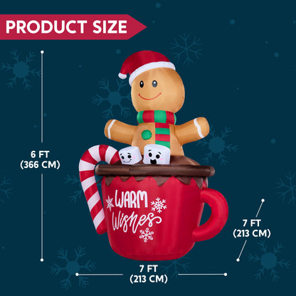 6 FT Christmas Inflatables Gingerbread Man Outdoor Decorations,Gingerbread Man Cocoa Mug Blow Ups Yard with Built-In Leds for Holiday Party Garden Lawn Decor