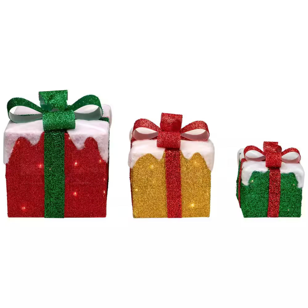 9.5 In. H LED Lighted Green Gold and Red Snowy Gift Boxes with Glittery Tinsel Outdoor Christmas Decorations (Set of 3)