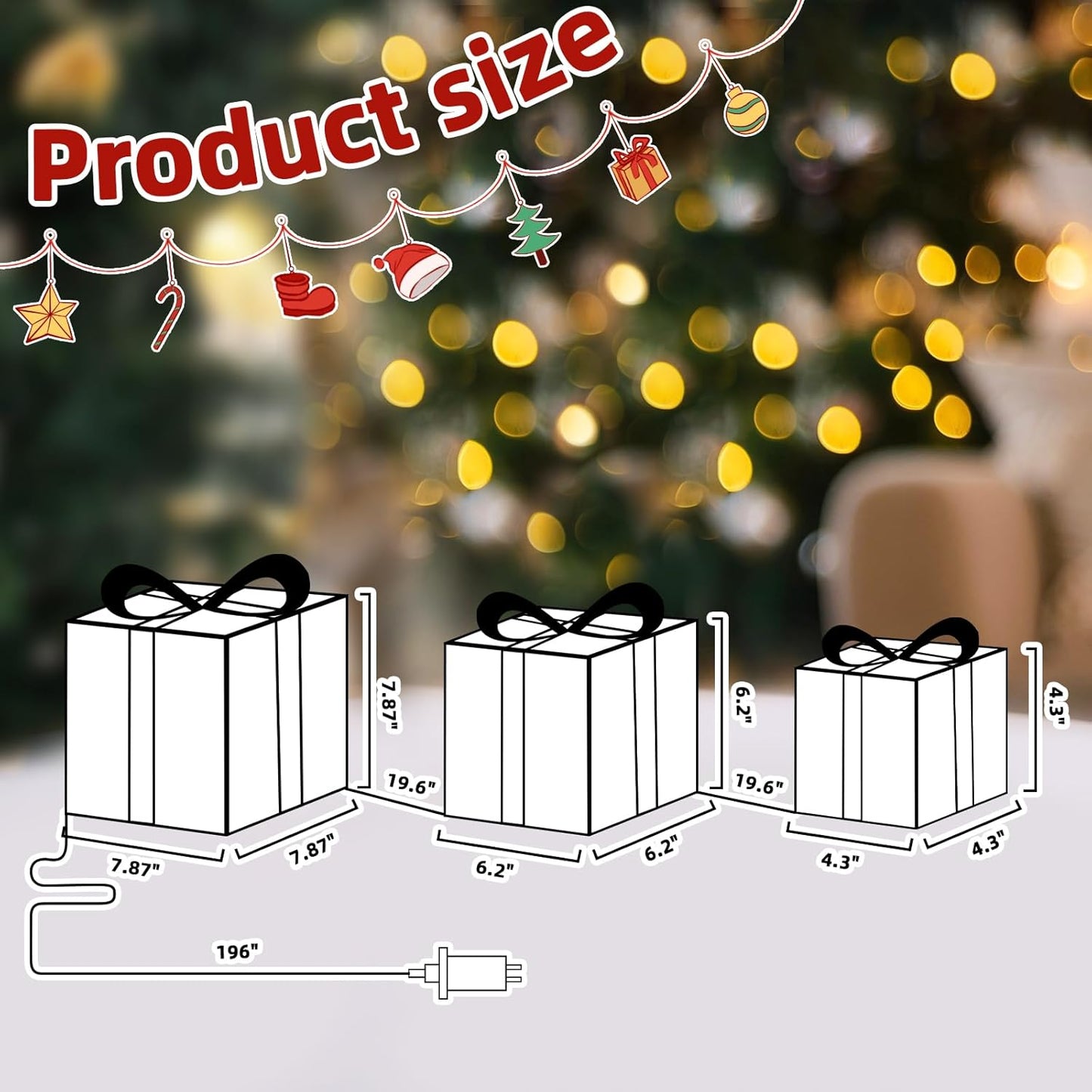 Christmas Lighted Gift Boxes, Set of 3 White Gift Box with 48 Warm White Lights, Outdoor Decorations Plug in for Yard Lawn Porch Holiday