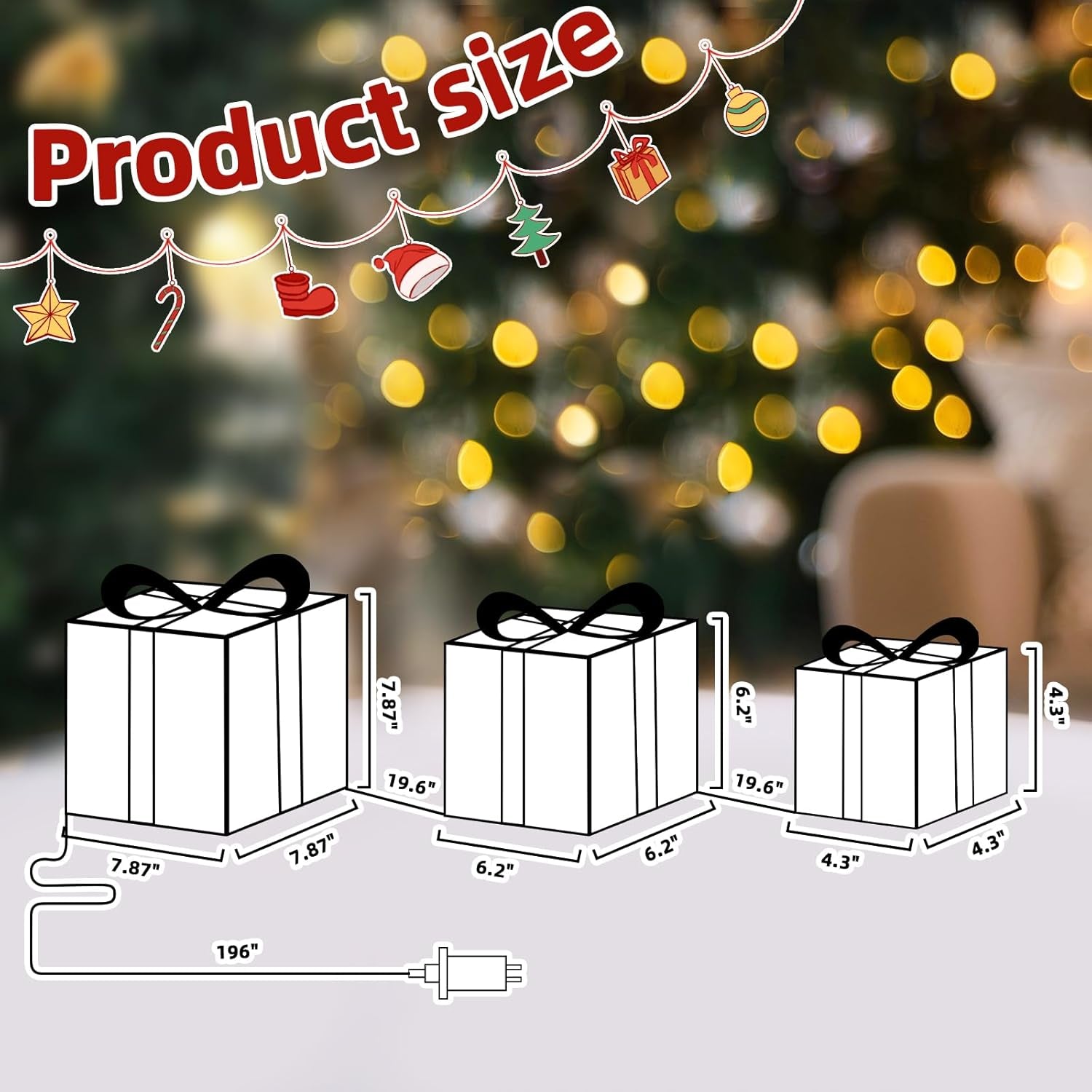 Christmas Lighted Gift Boxes, Set of 3 White Gift Box with 48 Warm White Lights, Outdoor Decorations Plug in for Yard Lawn Porch Holiday