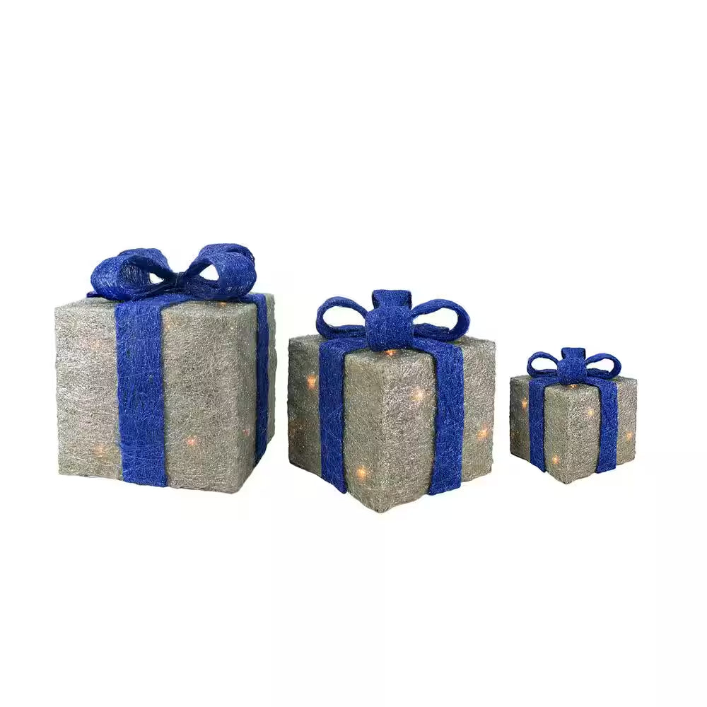 12 In. Christmas Outdoor Decorations Lighted Silver with Blue Bows Sisal Gift Boxes (3-Pack)