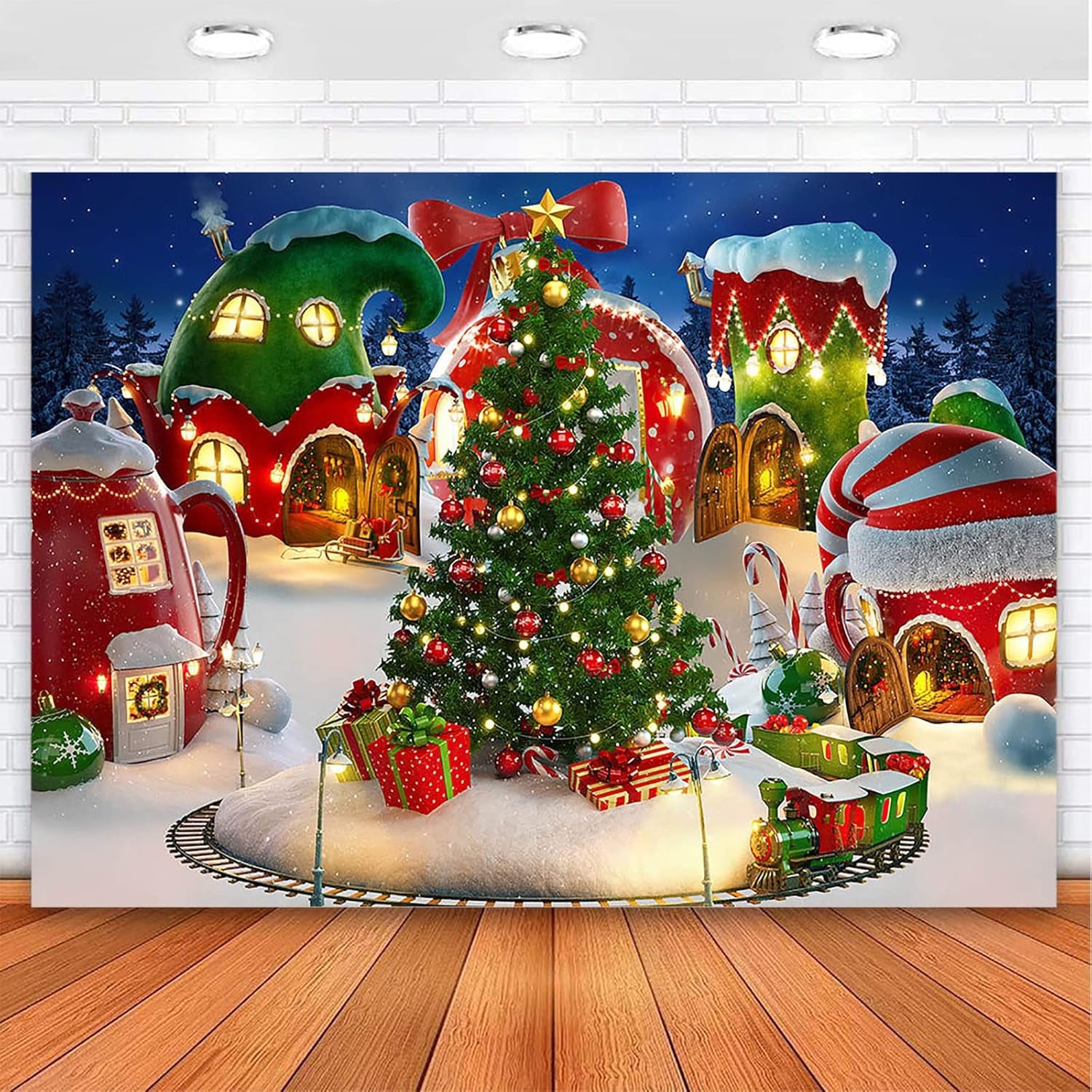 Cartoon Christmas Village Photography Backdrop Winter Snow Xmas Tree Background Christmas Fairy Tale Animated Kid Party Backdrops Photo Booth Props (7X5)