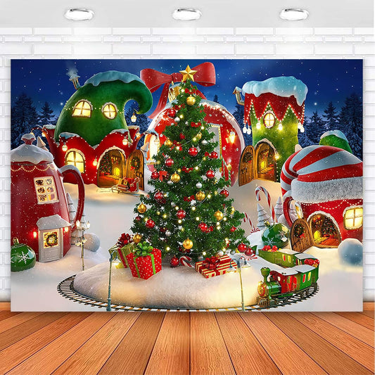 Cartoon Christmas Village Photography Backdrop Winter Snow Xmas Tree Background Christmas Fairy Tale Animated Kid Party Backdrops Photo Booth Props (7X5)