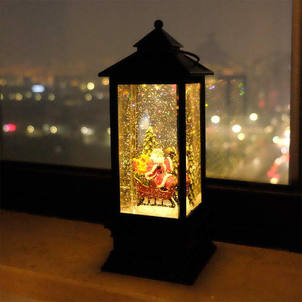Lighted Musical Snow Globe Lantern with 6 Hour Timer, 12 Inches USB Powered & Battery Operated Spinning Water and Swirling Glitter Christmas Snow Globe Lantern Gifts(Santa Claus and Sleigh)